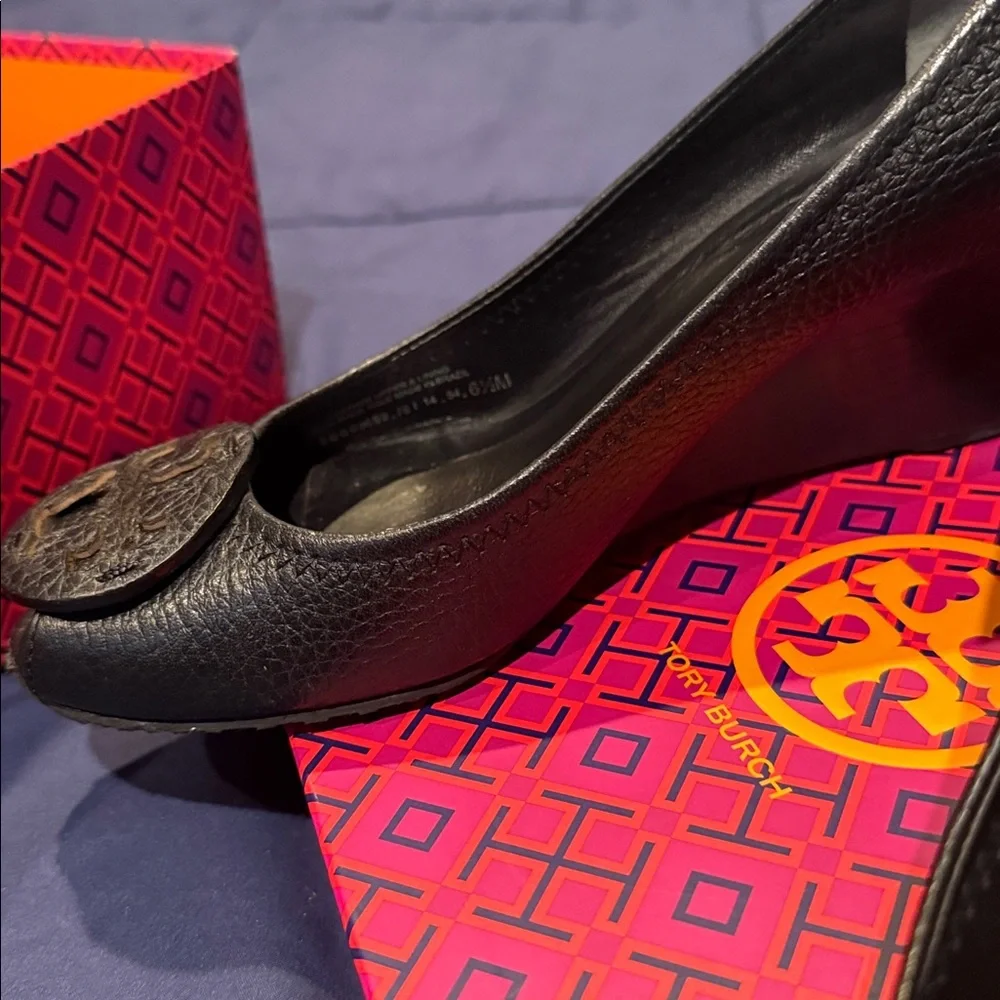 Tory Burch Black Peep Toe wedges, tumbled  leather, good condition, Sally 2